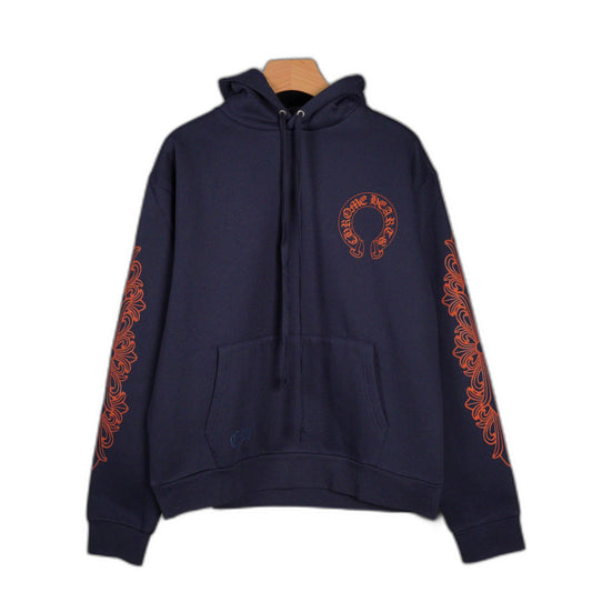 Chrome Hearts Navy&Red Horseshoe Floral Sleeve Pullover Hoodie