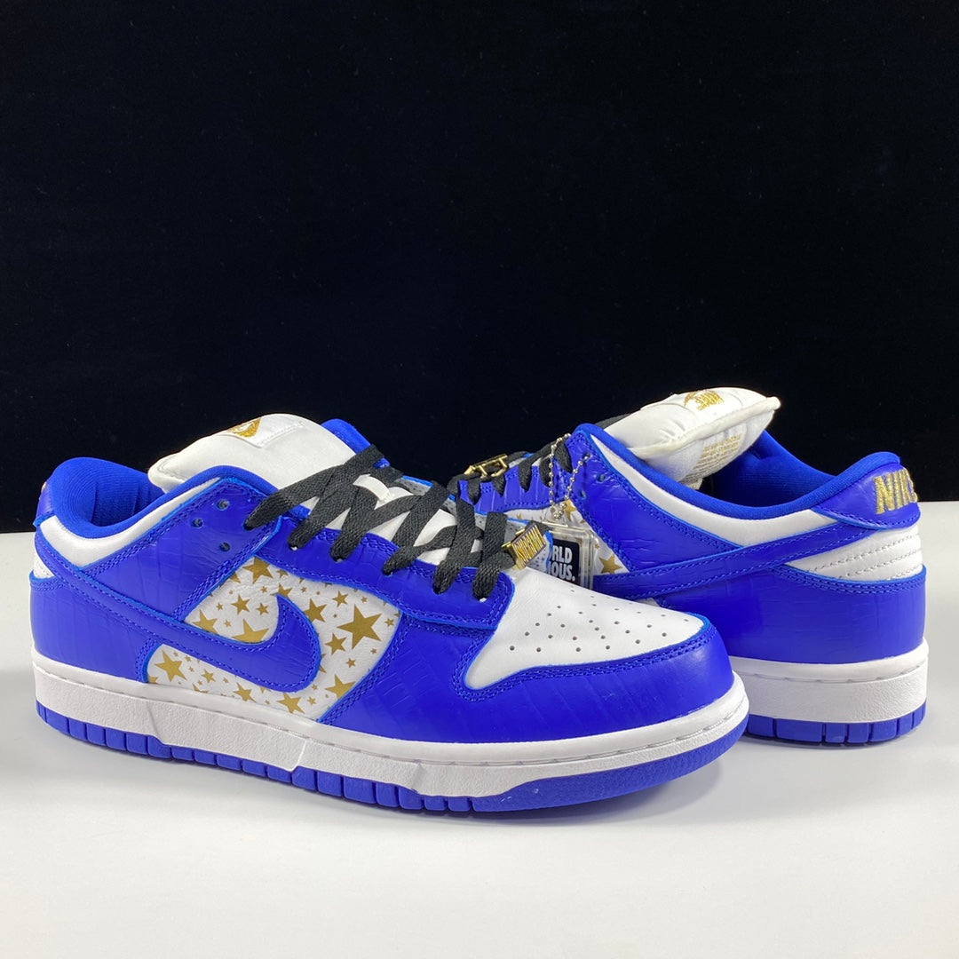 Supreme × Nike SB Dunk Low OG QS "Gold Stars" White/Hyper Blue"