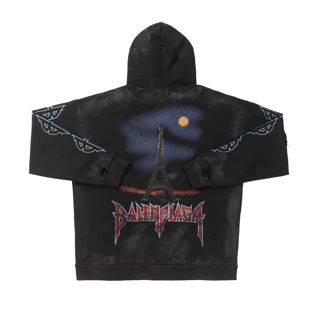 Balenciaga Eiffel Tower Paris Night Distressed Zipper Hoodie