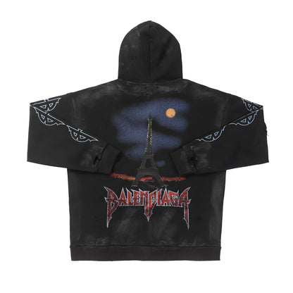 Balenciaga Eiffel Tower Paris Night Distressed Zipper Hoodie