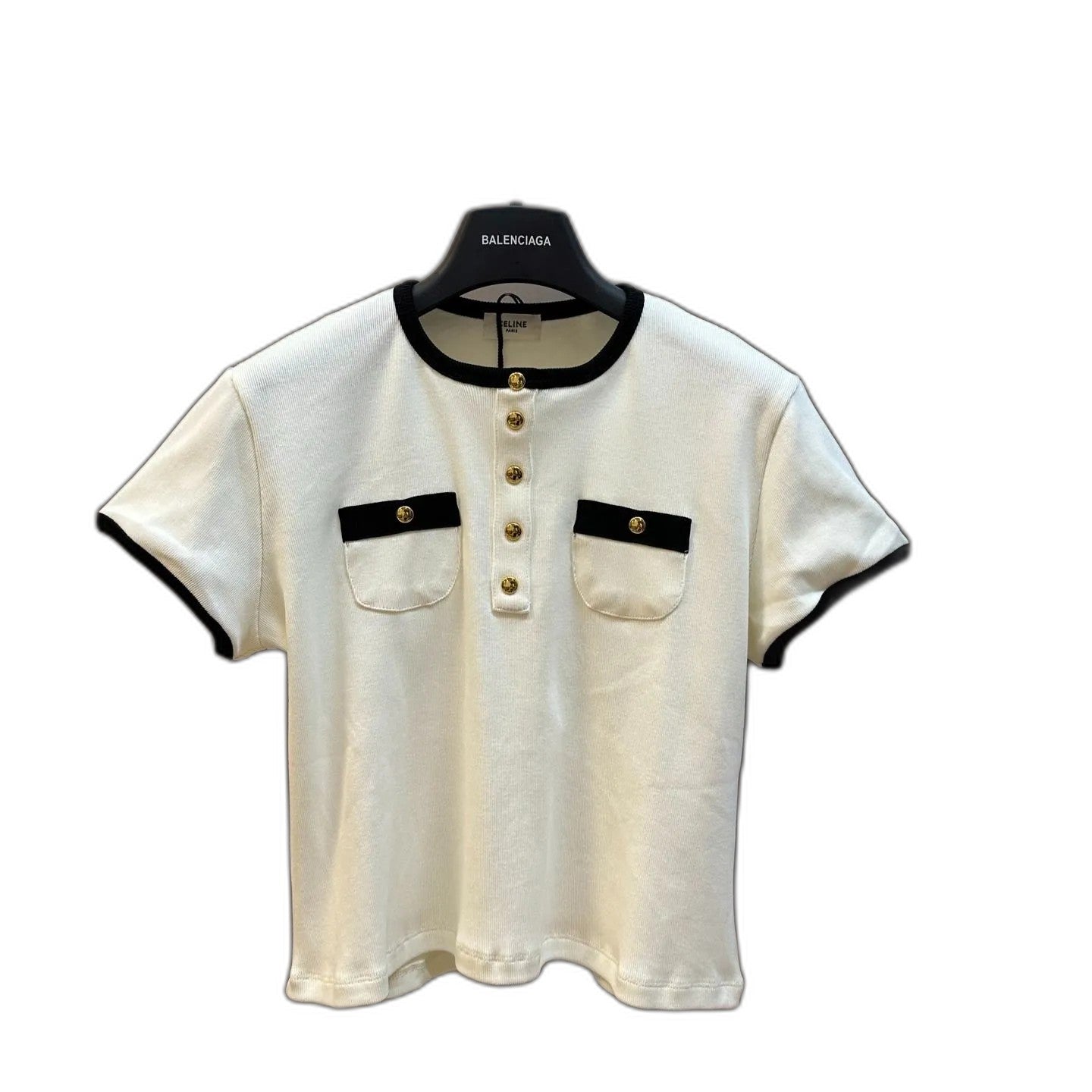 CELINE Women's Cropped T-Shirt in Cotton Jersey "Cream/Black"