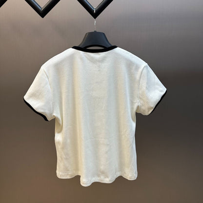 CELINE Women's Cropped T-Shirt in Cotton Jersey "Cream/Black"