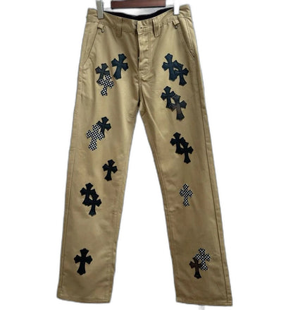 CHROME HEARTS CHINOS CEM CRS PTCH CROSS-PATCH LEATHER-TWILL PANTS