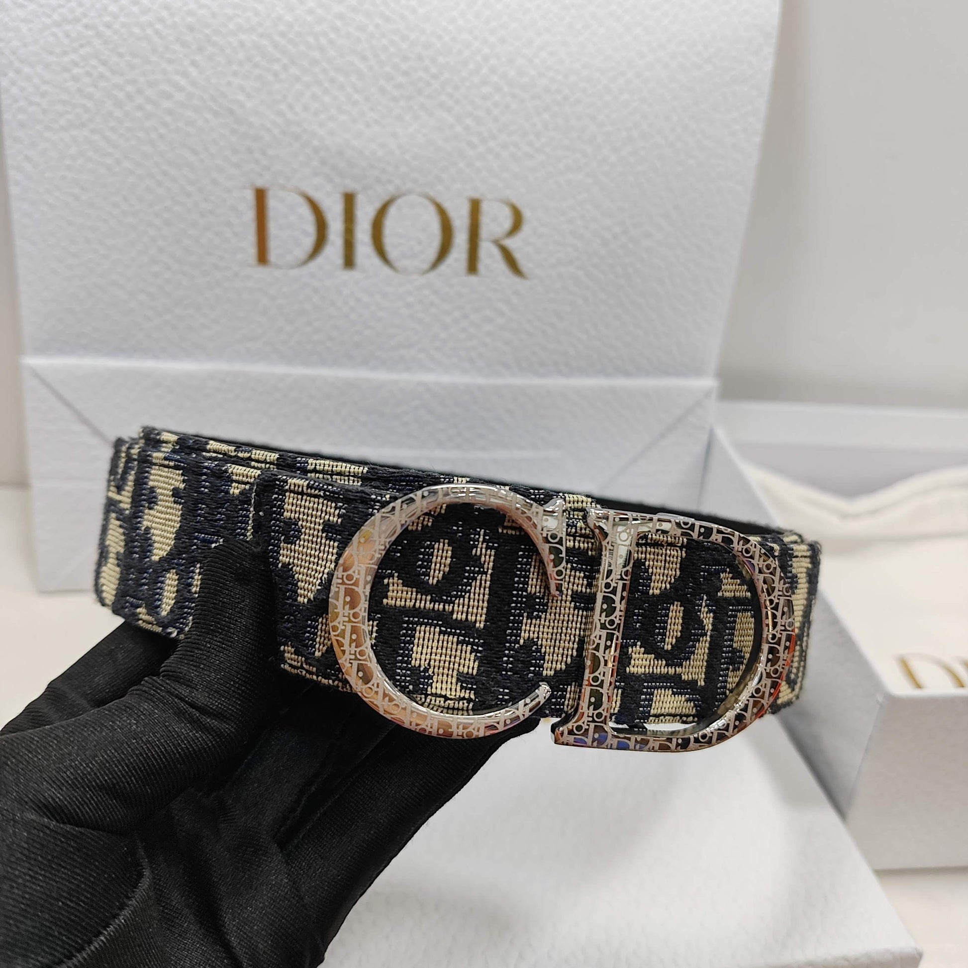 Dior Essentials CD Reversible Belt: Brass x Twill Jacquard x Grain Calfskin