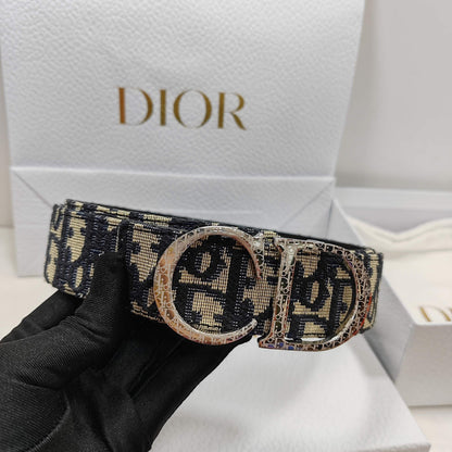 Dior Essentials CD Reversible Belt: Brass x Twill Jacquard x Grain Calfskin