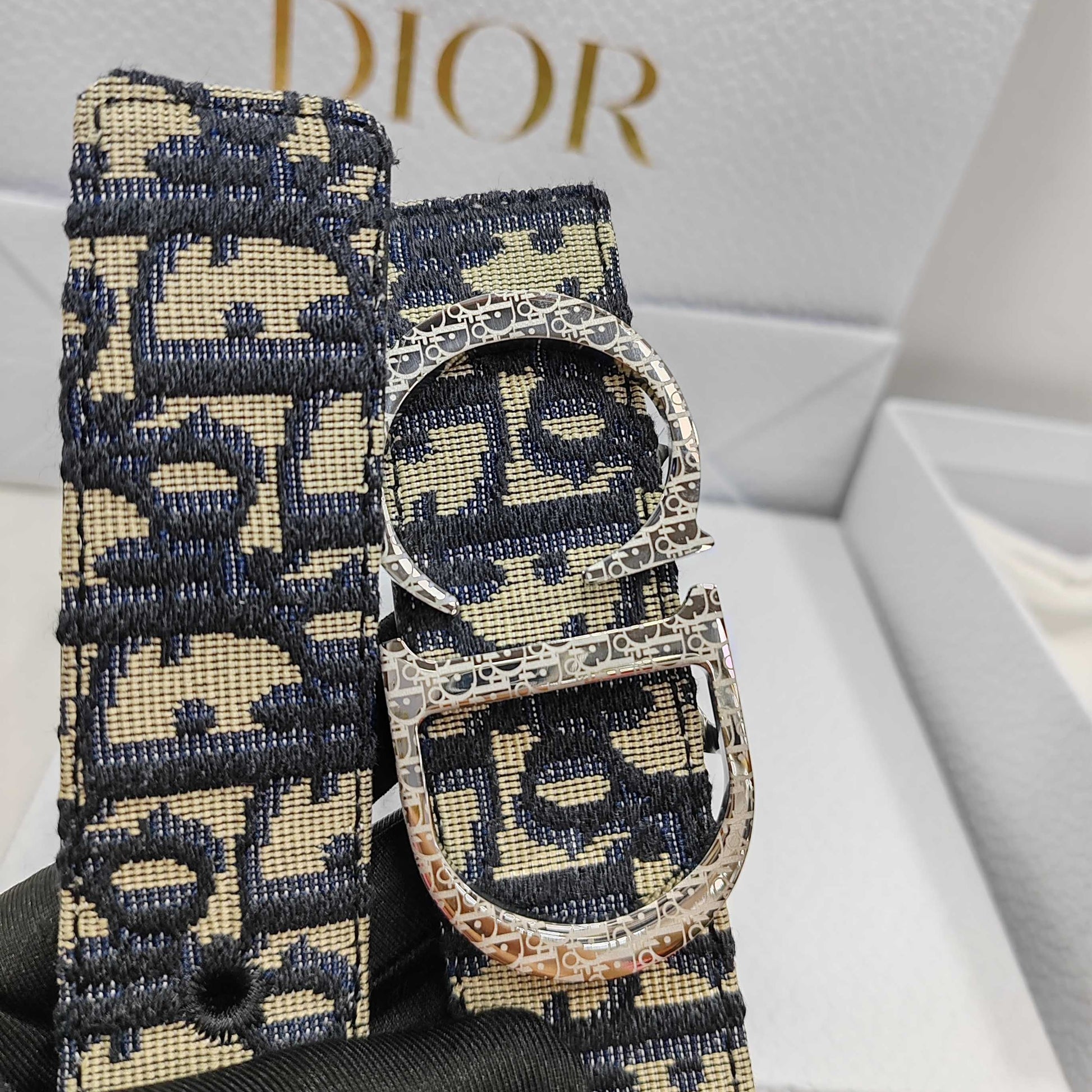 Dior Essentials CD Reversible Belt: Brass x Twill Jacquard x Grain Calfskin