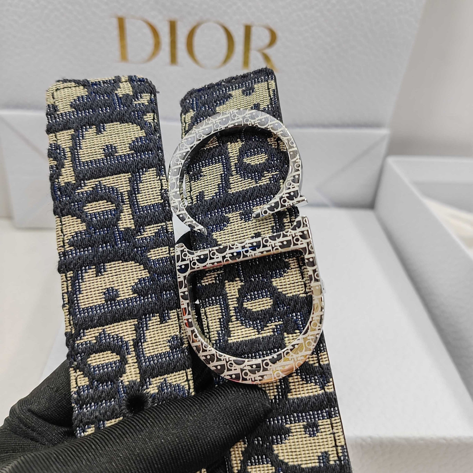 Dior Essentials CD Reversible Belt: Brass x Twill Jacquard x Grain Calfskin
