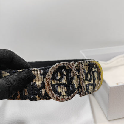 Dior Essentials CD Reversible Belt: Brass x Twill Jacquard x Grain Calfskin