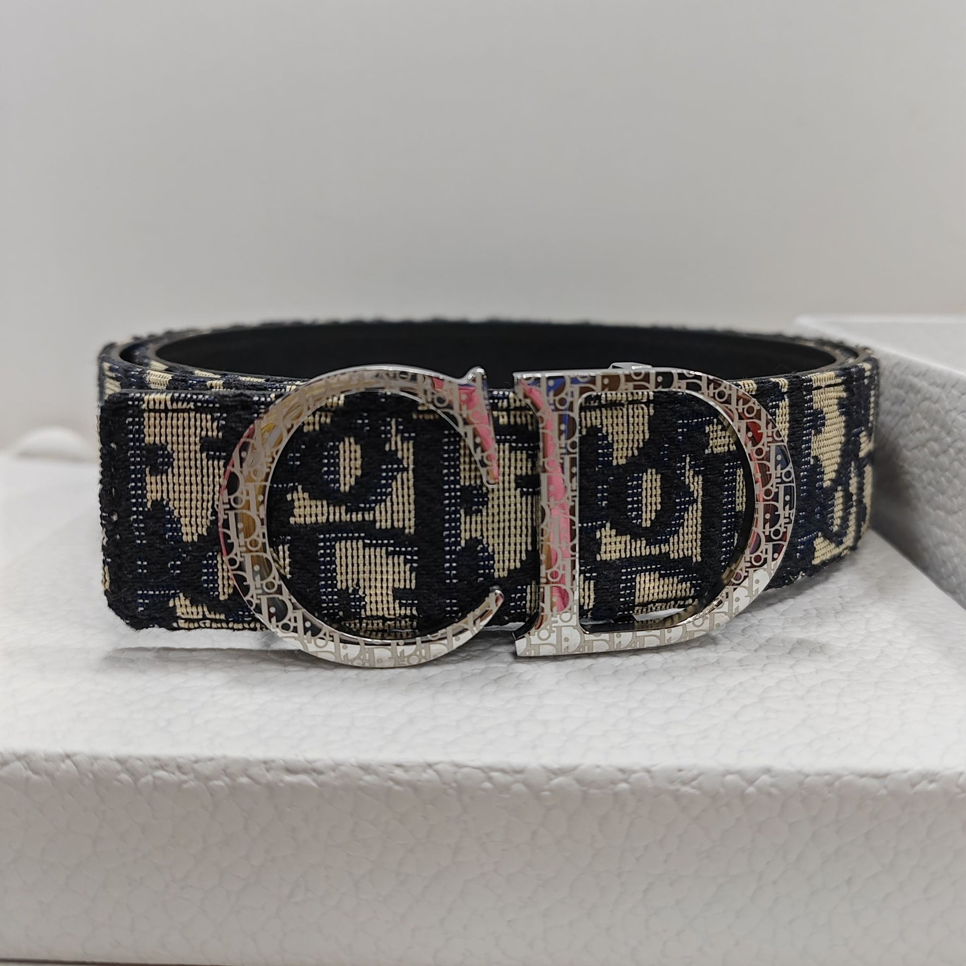 Dior Essentials CD Reversible Belt: Brass x Twill Jacquard x Grain Calfskin