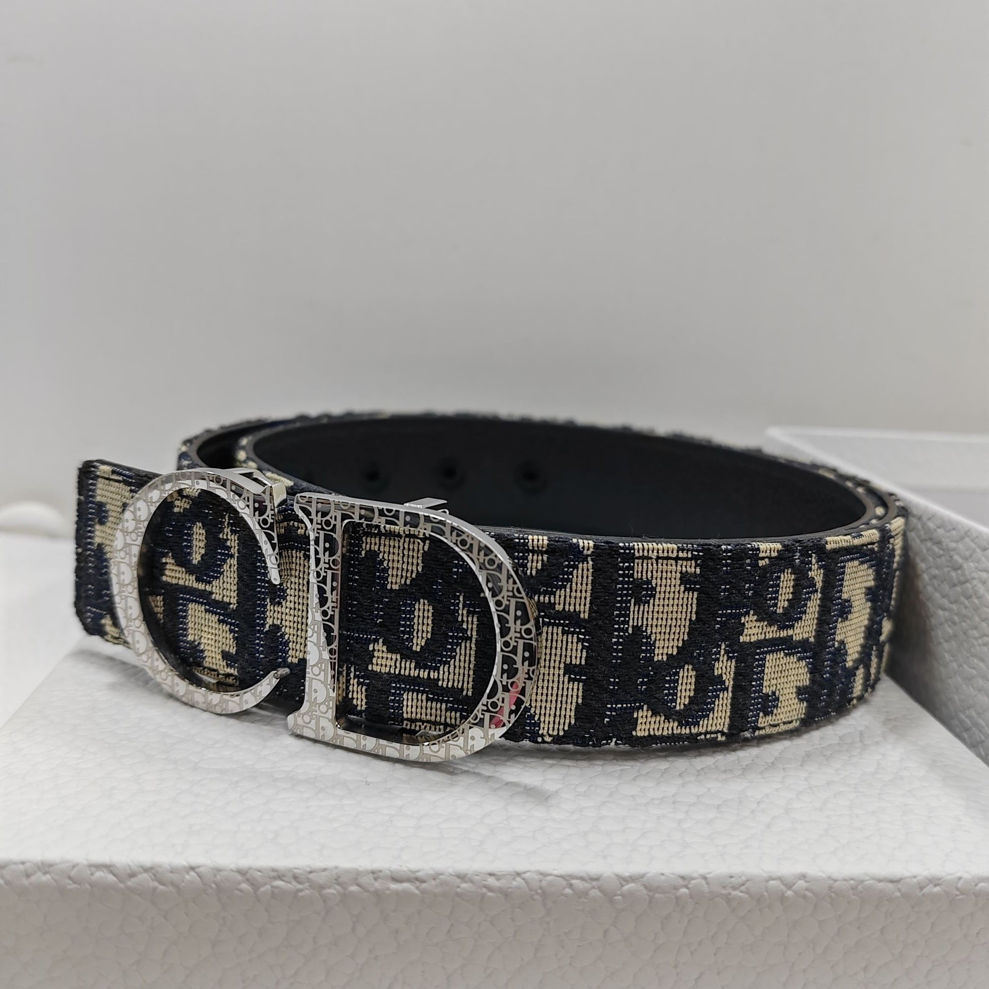 Dior Essentials CD Reversible Belt: Brass x Twill Jacquard x Grain Calfskin