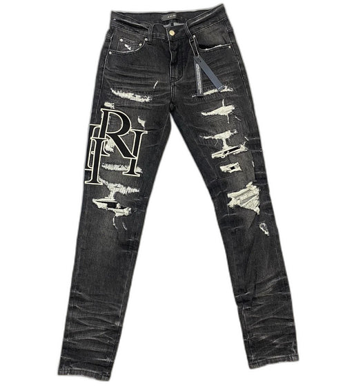 AMIRI jeans with a distressed finish, embroidered logo on the side