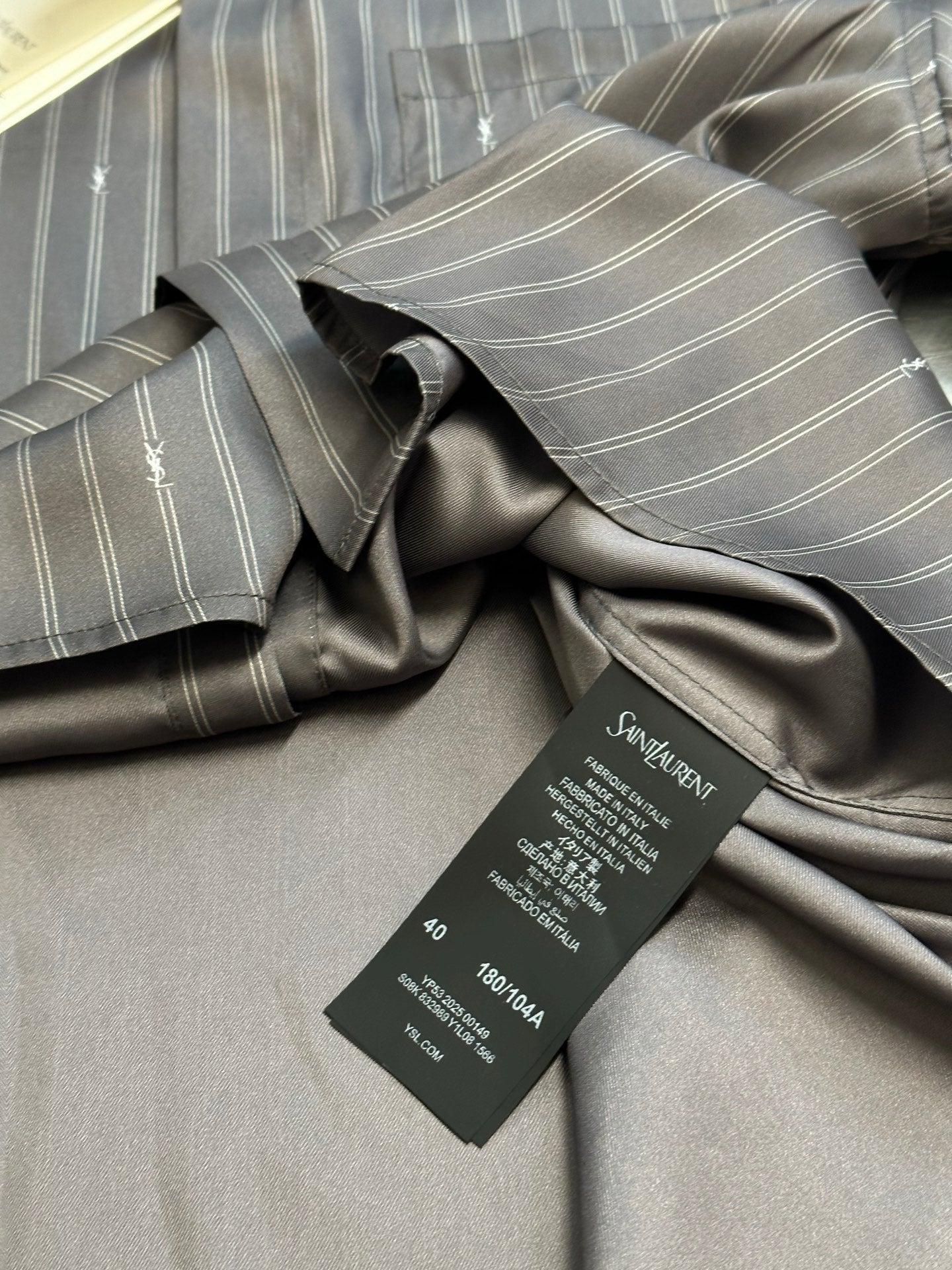 Saint Laurent CASSANDRE striped silk crepe de chine shirt, grey