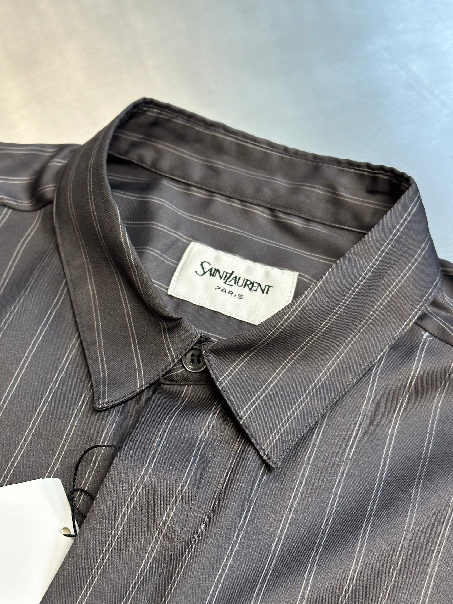 Saint Laurent CASSANDRE striped silk crepe de chine shirt, grey
