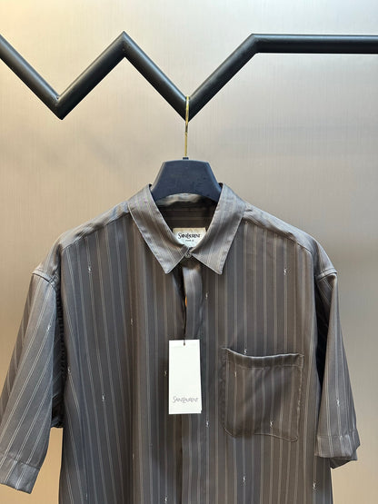 Saint Laurent CASSANDRE striped silk crepe de chine shirt, grey