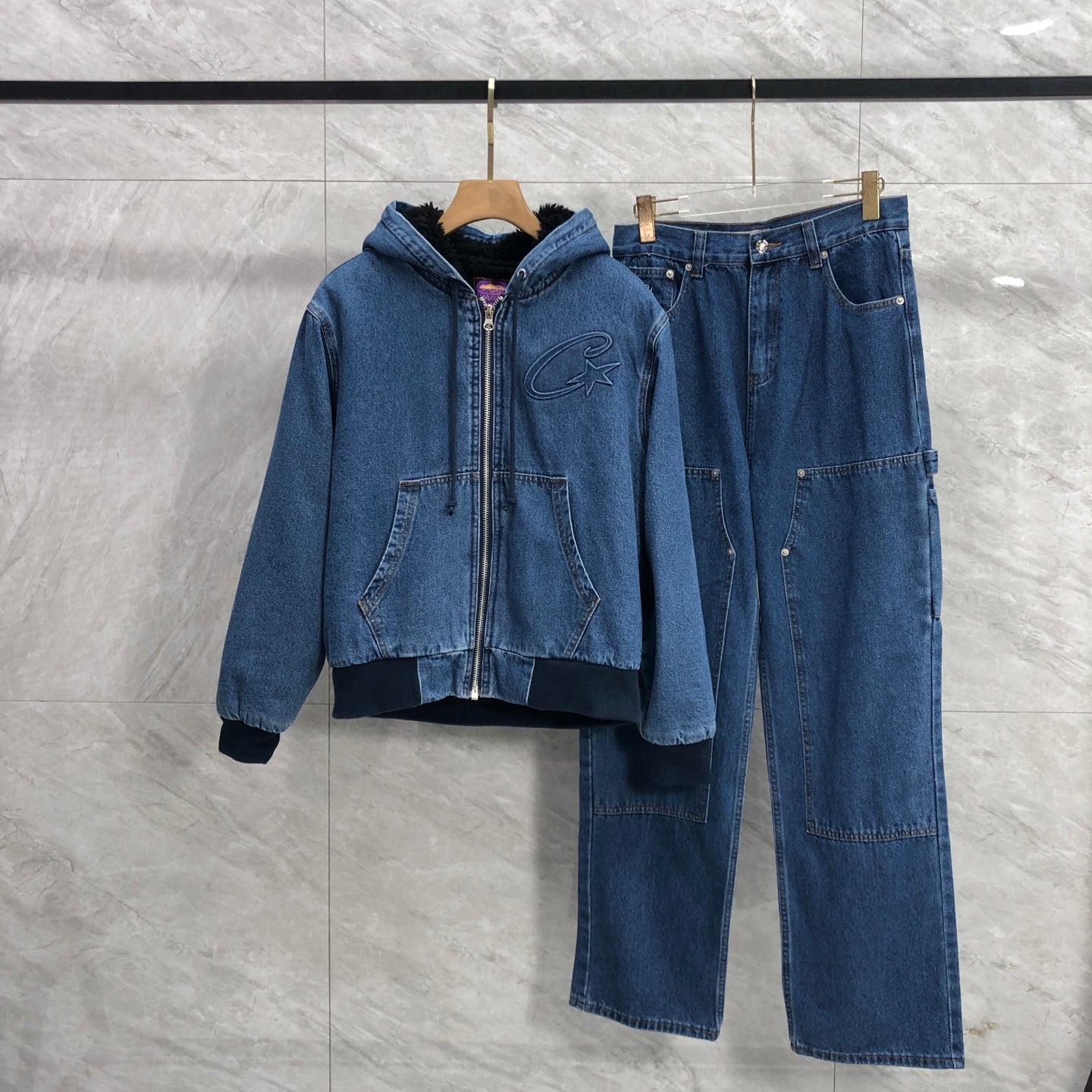 Corteiz Embossed C-Star Denim Work Pant Blue
