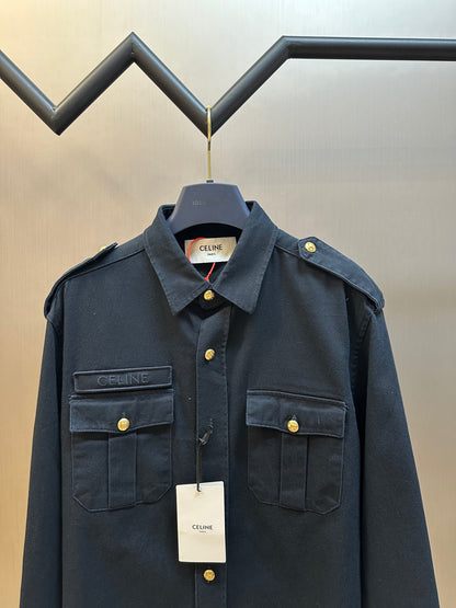 CELINE Men's Military Shirt in Cotton Wool Twill "Navy"