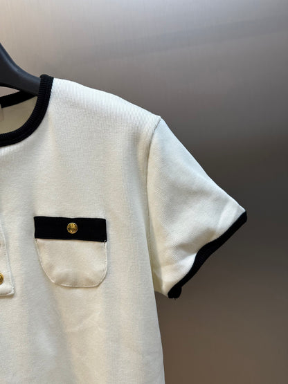 CELINE Women's Cropped T-Shirt in Cotton Jersey "Cream/Black"