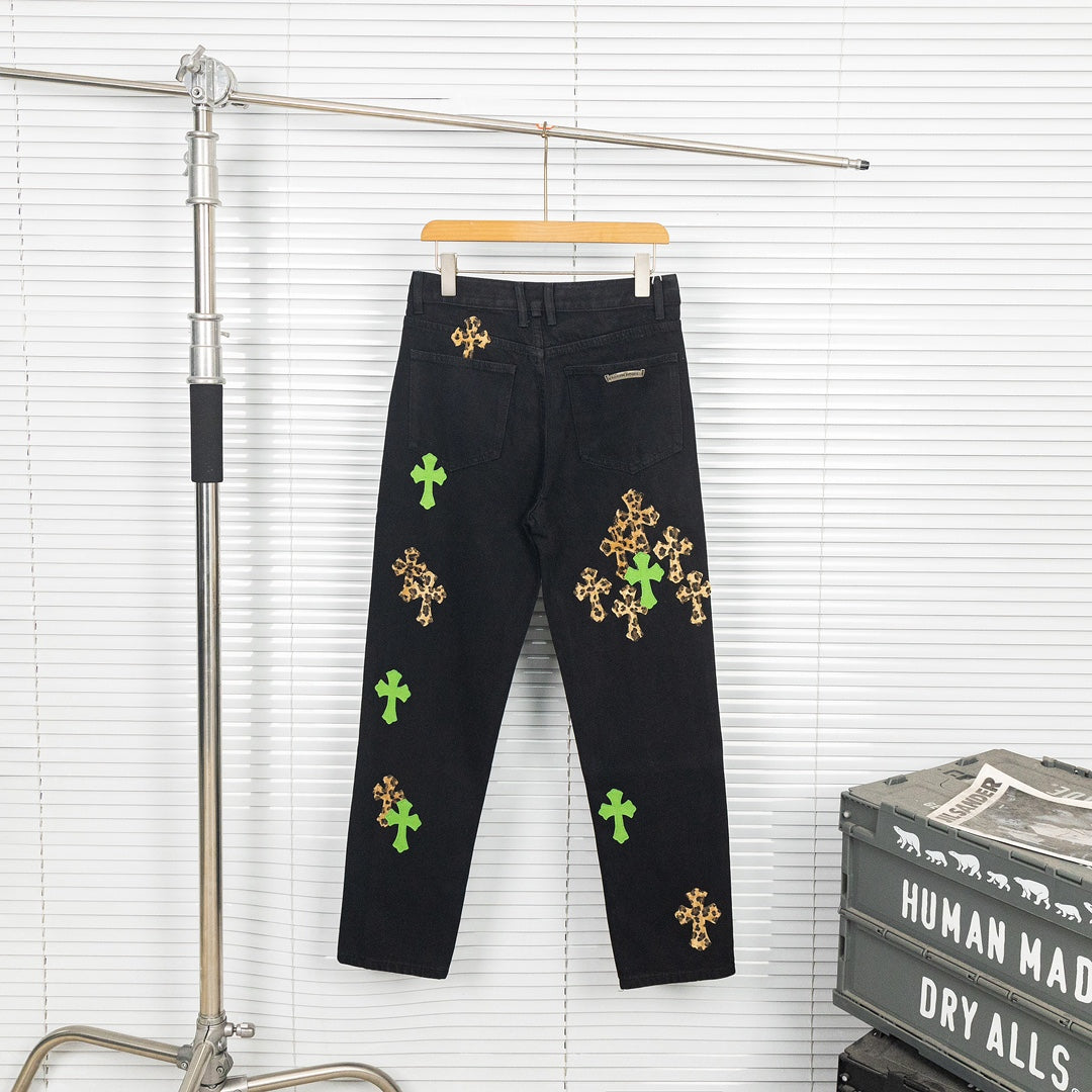 Chrome Hearts Green & Leopard Cross Patch Jeans