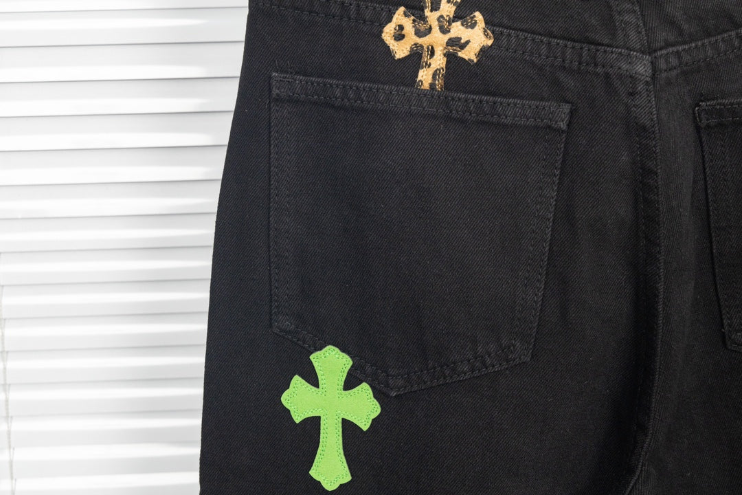 Chrome Hearts Green & Leopard Cross Patch Jeans