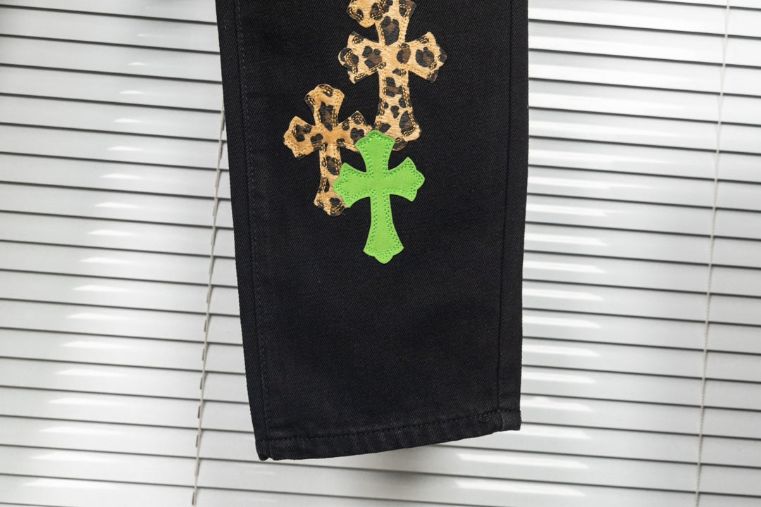 Chrome Hearts Green & Leopard Cross Patch Jeans