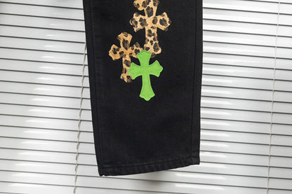 Chrome Hearts Green & Leopard Cross Patch Jeans