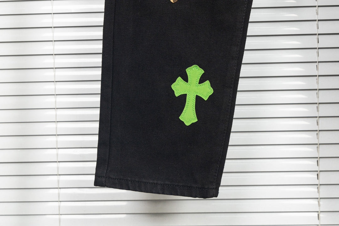 Chrome Hearts Green & Leopard Cross Patch Jeans