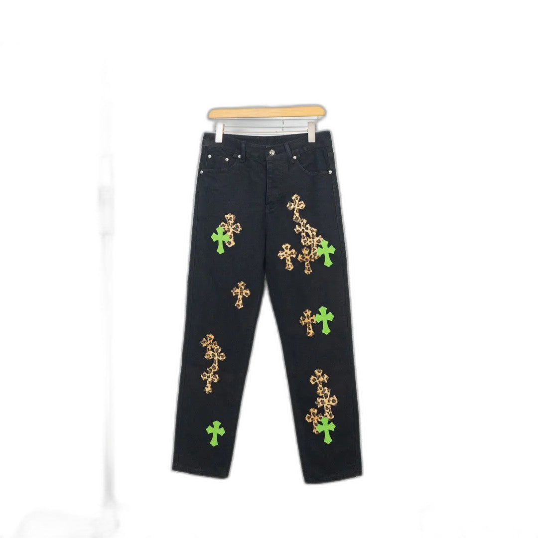 Chrome Hearts Green & Leopard Cross Patch Jeans