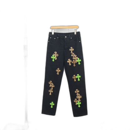 Chrome Hearts Green & Leopard Cross Patch Jeans