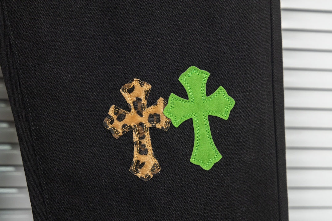 Chrome Hearts Green & Leopard Cross Patch Jeans