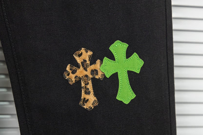 Chrome Hearts Green & Leopard Cross Patch Jeans