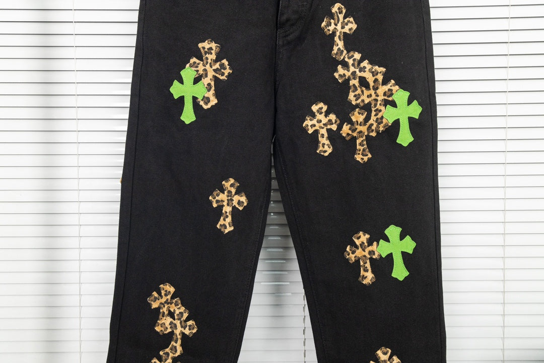 Chrome Hearts Green & Leopard Cross Patch Jeans
