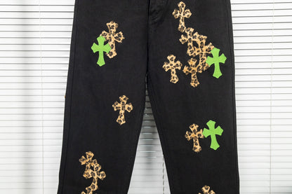 Chrome Hearts Green & Leopard Cross Patch Jeans