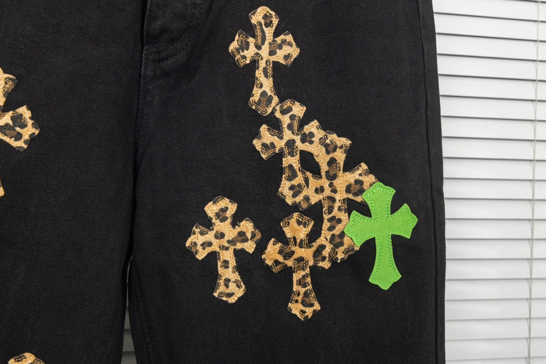Chrome Hearts Green & Leopard Cross Patch Jeans