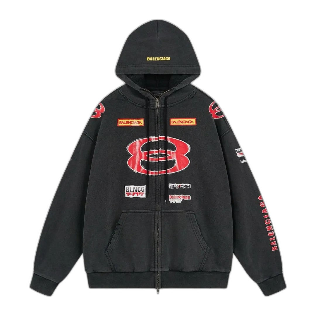Balenciaga Men's Sponsor Logos Large Zip-up Hoodie in Black Faded