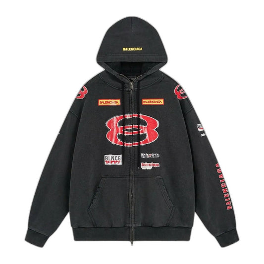 Balenciaga Men's Sponsor Logos Large Zip-up Hoodie in Black Faded