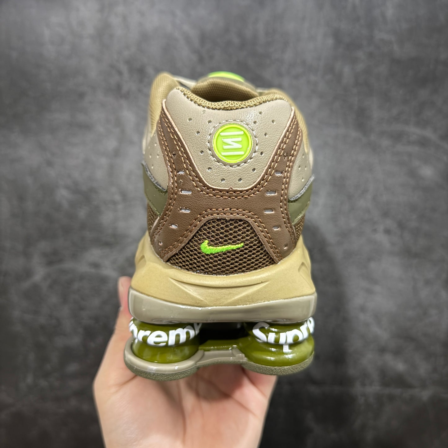 Supreme × Nike Shox Ride 2 "Neutral Olive/Electric Green-Pilgrim"