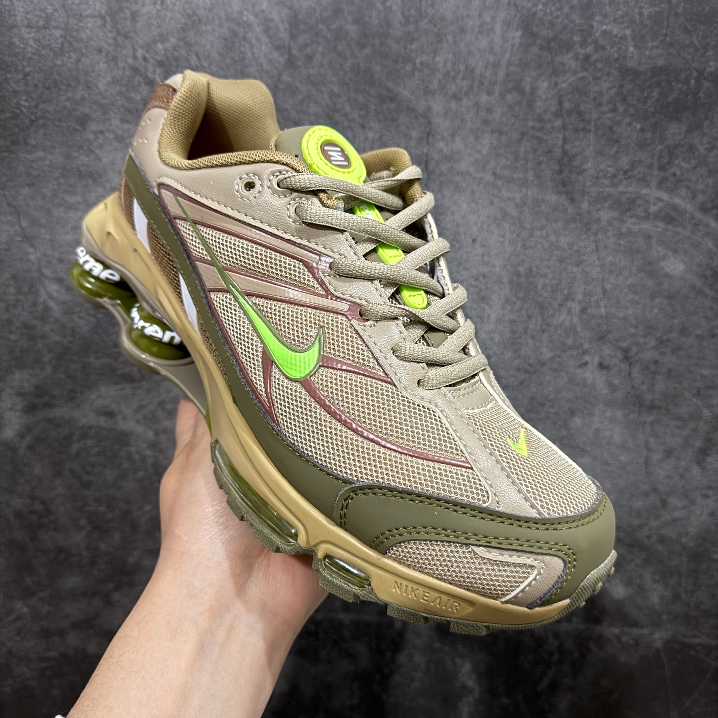 Supreme × Nike Shox Ride 2 "Neutral Olive/Electric Green-Pilgrim"