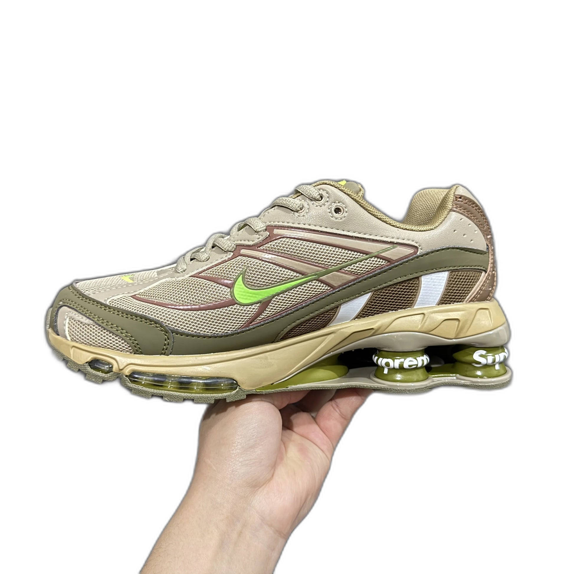 Supreme × Nike Shox Ride 2 "Neutral Olive/Electric Green-Pilgrim"